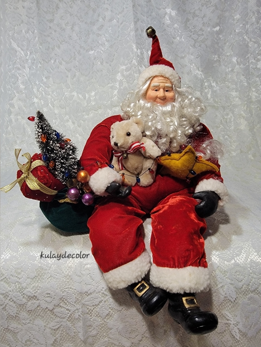 Santa Claus Shelf Sitter Figure Molded Face Christmas Decor w/ Teddy Bear Velvet